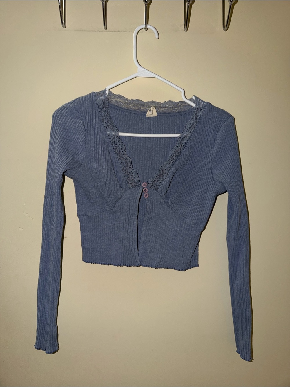 Xhilaration Dusty Blue Ribbed Lace-Trim Long Sleeve Crop Top